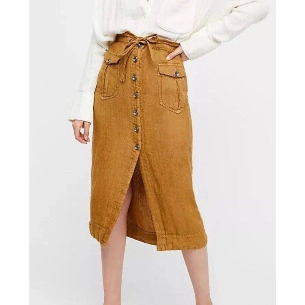 Free People Skirt Womens Size XS Brown Pure Linen Straight To The Point Boho (H